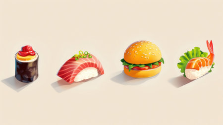 Stylish food product icons, bright and modern set of 4 imagesの素材