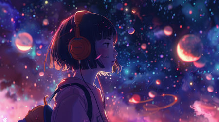 The vastness of space is matched by deep, ethereal synth layers and rhythms. Lo-fi college girl wearing headphones. Cute. Ghibli illustrationの素材