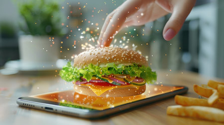 3D fast food icon being selected on a phone screen by a woman's hand, indicating online delivery. Innovative serviceの素材
