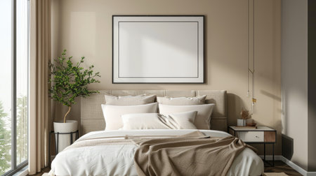 Beige hotel bedroom interior with a bed, decoration, and a mockup frame. Inviting and stylishの素材