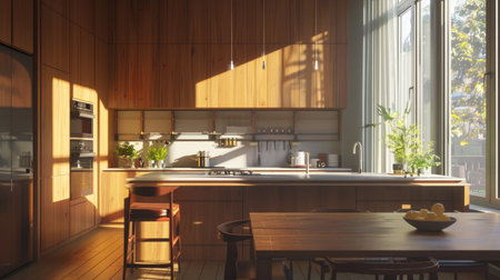 Stylish home kitchen interior with an island and eating table, cabinets, and a window. Modern and functional designの素材