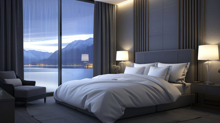 Hotel bedroom featuring a stylish bed, nightstand, and panoramic window. Contemporary and invitingの素材