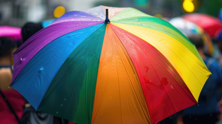 Colorful rainbow umbrella held high in a crowd, symbolizing protection and pride for the LGBT communityの素材