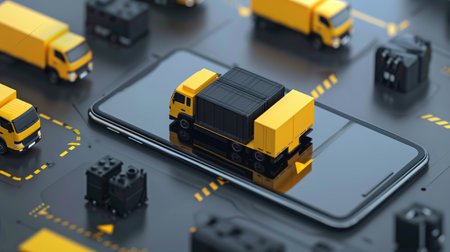 3D vector illustration of a mobile phone screen showing black and yellow delivery vehicles, highlighting the global logistics of online shoppingの素材