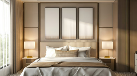 Stylish hotel bedroom with beige decor, a bed, and a mockup frame. Modern and comfortableの素材