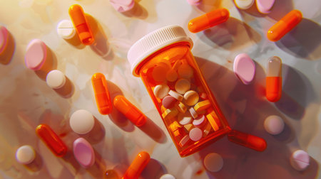 Orange prescription bottle with pills scattered on a table, top-down view emphasizing medication and healthの素材