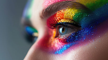 Close-up of rainbow-colored makeup on a person, showcasing LGBT pride and individualityの素材