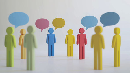 Speech bubbles and cartoon team figures on a white background, representing communication and collaboration. Creative sceneの素材