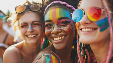 Group of friends with rainbow tattoos and face paint, showing their support at an LGBT pride eventの素材