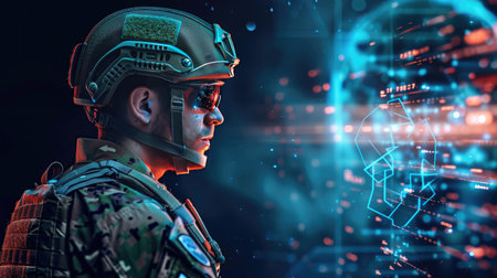 Military soldier's side profile, leveraging AI to analyze cyber threats and manage weaponry systems in warfareの素材