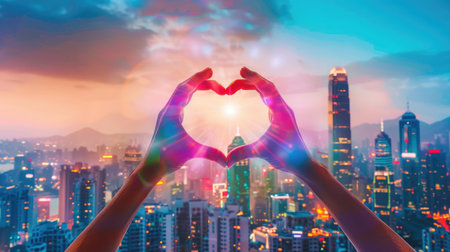 Hands forming a rainbow heart over a city skyline, symbolizing LGBT pride and community supportの素材
