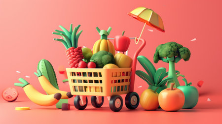 3D illustration of grocery delivery service featuring fresh, locally-sourced vegetables and fruits, ensuring high-quality produce delivered to your doorstepの素材