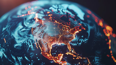 Abstract globe highlighting North America, representing global connections and geographic focusの素材