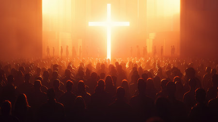 Crowd of people silhouettes with a glowing cross, symbolizing faith, hope, and unity, ideal for inspirational designsの素材