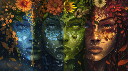 Digitally illustrated face depicting the four temporal seasons, offering a unique nature conceptの素材