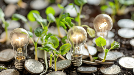 Green sprouts and light bulbs on a heap of silver coins, symbolizing sustainable finance and investment for a greener futureの素材