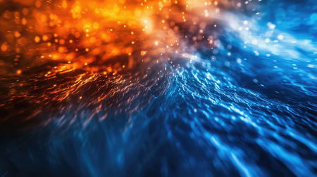 Dynamic blue and orange light background with texture overlay, offering a vibrant visual for creative projectsの素材