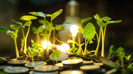 Green sprouts and light bulbs on a heap of silver coins, symbolizing sustainable finance and investment for a greener futureの素材
