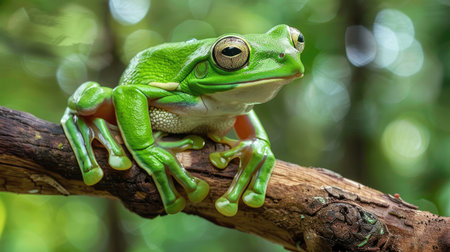 Green white-lipped tree frog on a branch, showcasing its distinctive appearance and natural habitatの素材