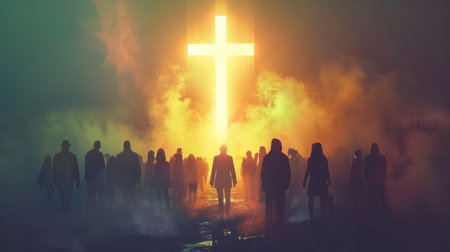 Inspirational scene with a glowing cross and people silhouettes, representing faith, hope, and religious unityの素材