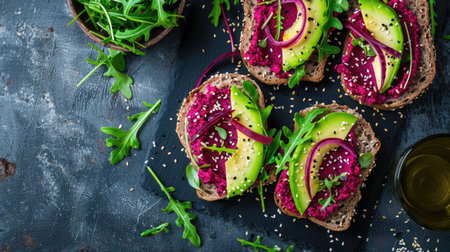 Healthy beetroot hummus sandwiches with avocado and arugula, perfect for a vibrant vegetarian mealの素材