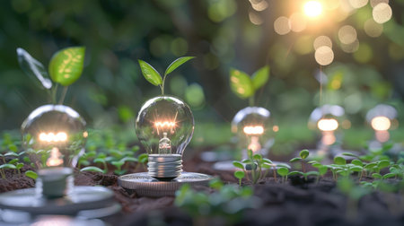 Light bulbs and green sprouts on silver coins, creating a visual for sustainable business and investment themesの素材