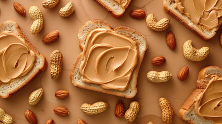 Light table background with peanut butter sandwiches, providing a tasty and appealing breakfast imageの素材