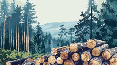 Illustration of wood logs stacked in a pine forest, capturing the natural beauty of a woodland sceneの素材