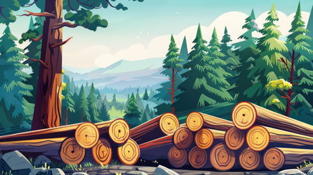 Pine forest with stacked wood logs, providing a detailed and picturesque illustrationの素材