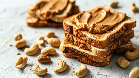 Peanut butter toasts on a light table, perfect for a vegetarian breakfast theme with copy spaceの素材