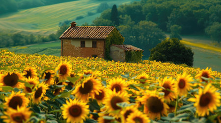 Vibrant sunflower field with a picturesque house, offering a perfect blend of nature and rural charmの素材