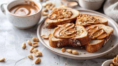 Vegetarian peanut butter toasts on a light table background, offering a cozy and appetizing breakfast visualの素材