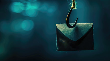 Conceptual image of a fishing hook disguised as an email icon, warning about phishing scams.の素材