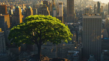 Green tree juxtaposed with a city shadow, symbolizing the coexistence of nature and urban developmentの素材