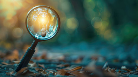 Focus on a light bulb with a magnifying glass, illustrating innovative goal achievement.の素材