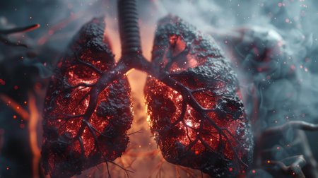 Image of diseased lungs affected by lung cancer, illustrating the impact of smoking on respiratory health with detailed visual effectsの素材