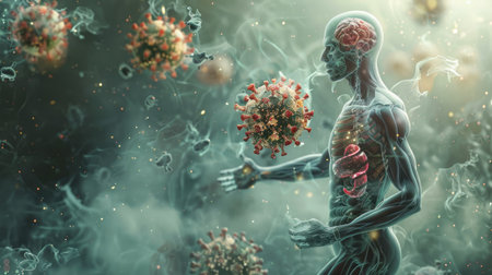 Detailed depiction of viruses in the human body, focusing on the cellular level of infection and immune defense.の素材