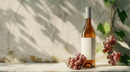 Wine bottle mockup with gardening grapes, providing copy space for wedding or anniversary greeting cards -の素材