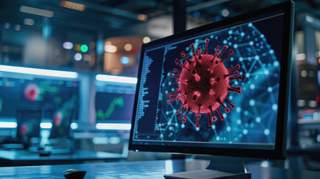 Computer screen displaying a virus alert, drawing attention to the urgency of addressing cybersecurity threatsの素材