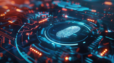 Cybersecurity concept with a fingerprint scanner, showcasing the technology's role in protecting digital transactions.の素材