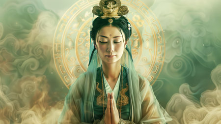 Guanyin surrounded by symbols of healing, emphasizing her nurturing qualities and compassionate spirit.の素材