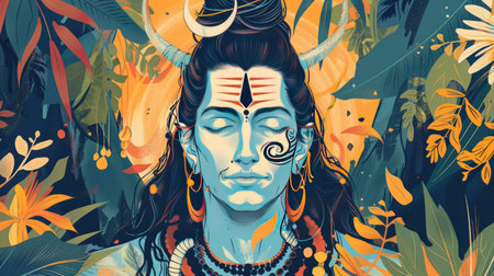 Illustration of Shiva in a modern context, combining classical features with modern artistic styles.の素材