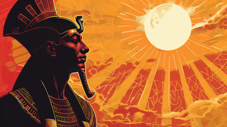 Illustration of Ra with sunlight rays, emphasizing his role as the sun god in ancient Egyptian mythologyの素材
