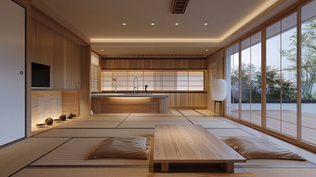 Interior design featuring a minimalist Japanese kitchen and living room, with tatami mats, plush rugs, and hidden shoji screens.の素材