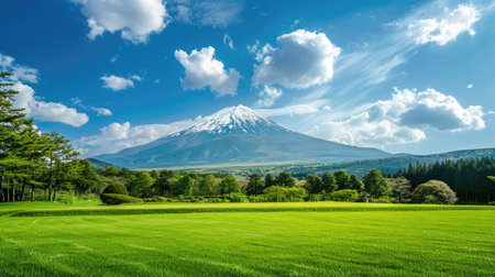 Lush green lawn with Mount Fuji in the distance, the sky adorned with beautiful clouds. Ideal for adding custom text.の素材