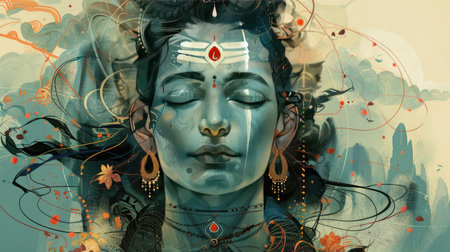 Depiction of Shiva in a modern context, blending traditional iconography with contemporary elements.の素材