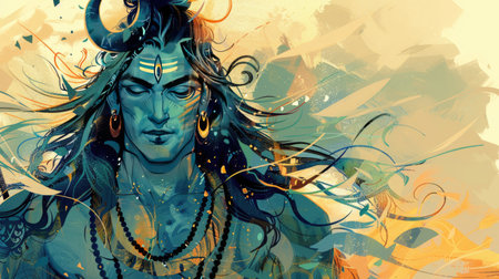 Illustration of Shiva in a modern context, combining classical features with modern artistic styles.の素材