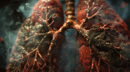 Image of diseased lungs affected by lung cancer, illustrating the impact of smoking on respiratory health with detailed visual effectsの素材