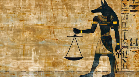 Illustration of Anubis with a balance scale, representing the weighing of souls in the afterlife.の素材