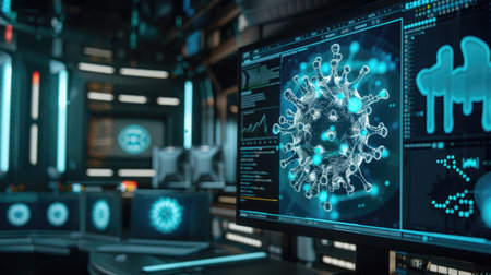 Computer screen displaying a virus alert, drawing attention to the urgency of addressing cybersecurity threatsの素材